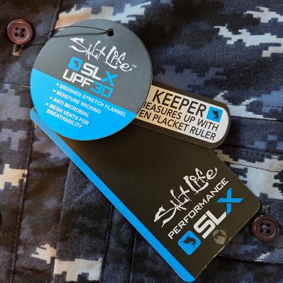 Salt Life SLX Fishing Shirt Stretch Flannel, Fish Camo Print NWT sz M Mesh Vents - Picture 11 of 13